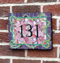 mosaic house number, pink and purple
