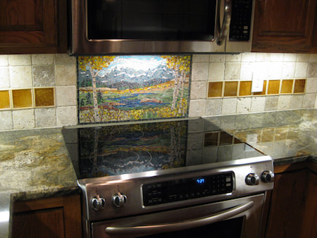Colorado landscape, kitchen mosaic backsplash.