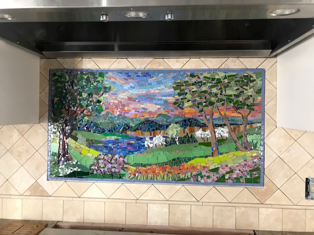 colorful mosaic landscape kitchen backsplash
